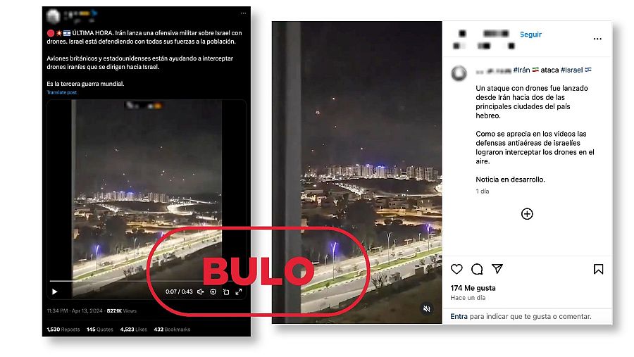 Mensaje de redes que difunde la falsa idea de que este vídeo muestra una ofensiva militar iraní sobre Israel