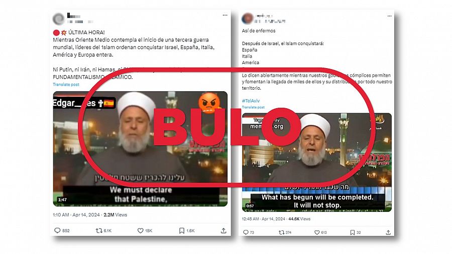 Mensajes de redes que comparten un vídeo antiguo para difundir la falsa idea de que Irán ha ordenado conquistar España tras el ataque a Israel
