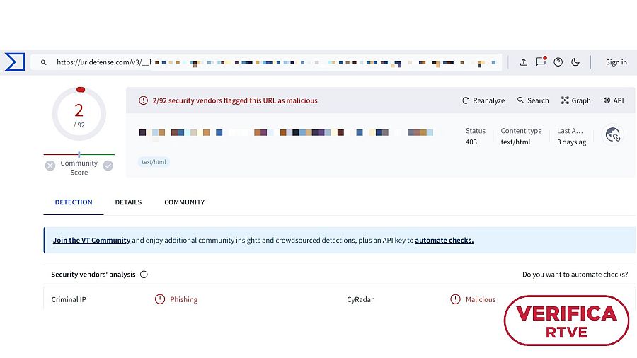 Resultado de la herramienta de análisis de URL Virus Total en la que señala como 