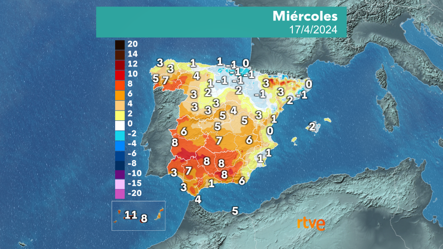 El tiempo 17 de abril: Anomalía térmica de las temperaturas máximas