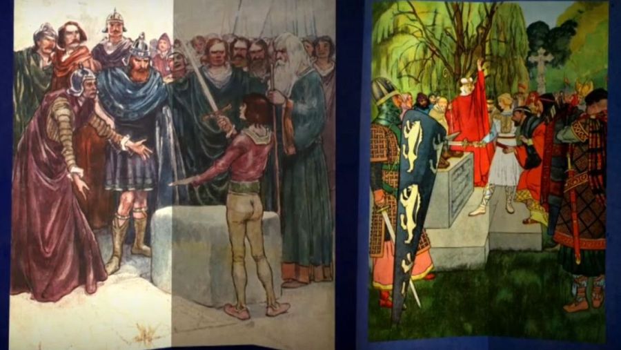 Recreación de Arturo sacando a Excalibur de la roca