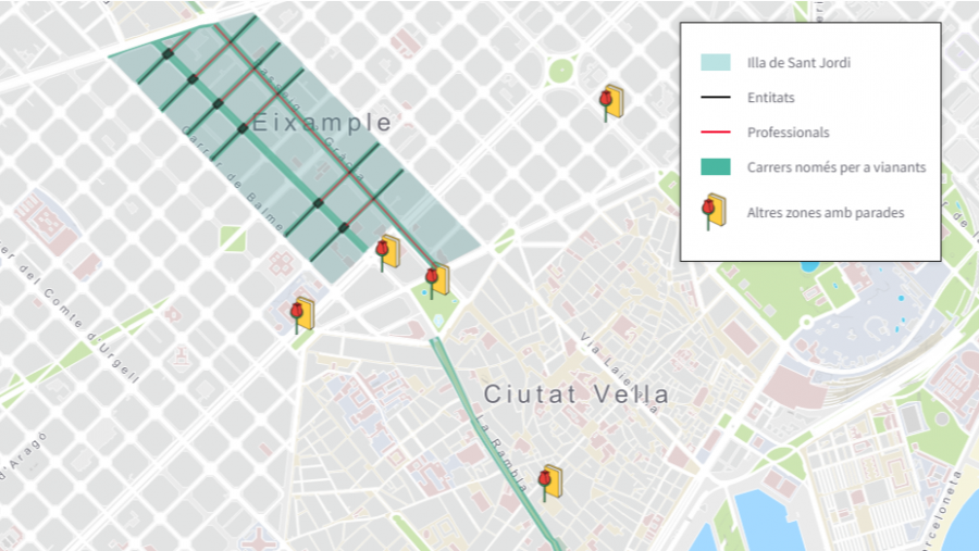 Espai de la superilla literària a l'Eixample i la Rambla per Sant Jordi