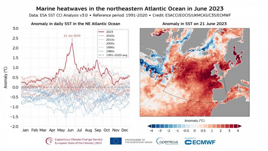 Gráfico del informe de Copernicus: olas de calor marinas en el noreste del Océano Atlántico en junio de 2023