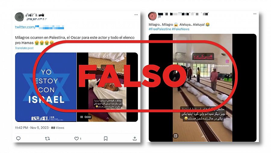 Mensajes de X que difunden la falsa idea de que un vídeo muestra a un actor palestino fingiendo ser un cadáver
