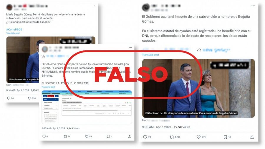 Mensajes de X que difunden que el Gobierno oculta el importe de una subvención a nombre de Begoña Gómez