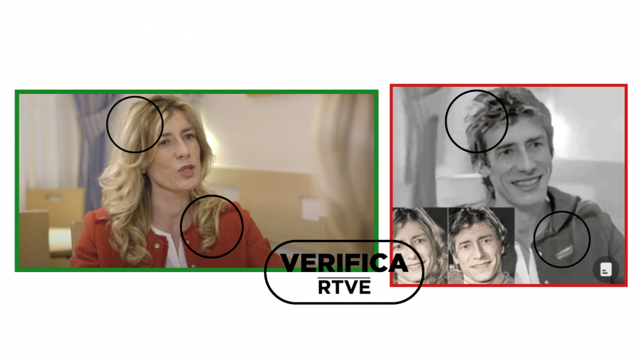 A la izquierda, fotograma de la entrevista a Begoña Gómez. A la derecha, imagen manipulada.