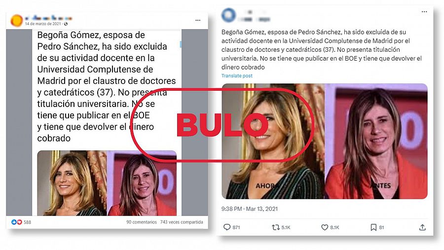 Mensajes de redes que difunden la falsa idea de que Begoña Gómez ha sido cesada de su cargo docente en la UCM.