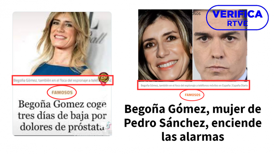 A la izquierda, la imagen manipulada que difunde la falsa idea de que Gómez coge tres días de baja por dolores de próstata. A la derecha, la publicación real de la página web Trendings.