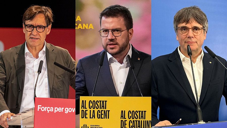 Los candidatos de PSC, Salvador Illa; ERC, Pere Aragonès; y Junts+, Carles Puigdemont