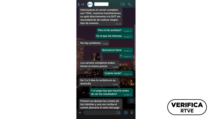 Mensajes enviados por WhatsApp al usuario que nos consulta por el perfil de TikTok que ofrece el carnet de conducir sin estudiar