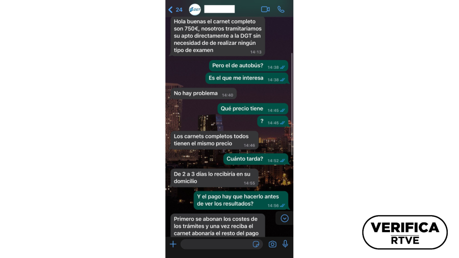 Mensajes enviados por WhatsApp al usuario que nos consulta por el perfil de TikTok que ofrece el carnet de conducir sin estudiar