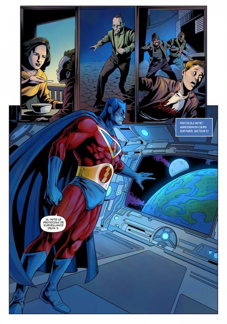 Página de Supersonic Man Episode 0 de Thierry Lancelot, Rodel Noora, Chris Inker y Mariam Yasser publicada en Spécial Strange Nº 7 (December, 2023)