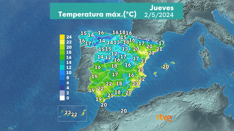 Temperaturas máximas de este jueves 02/05/2024