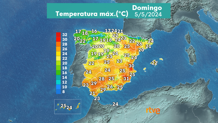 Temperaturas maximas del domingo 05/05/2024