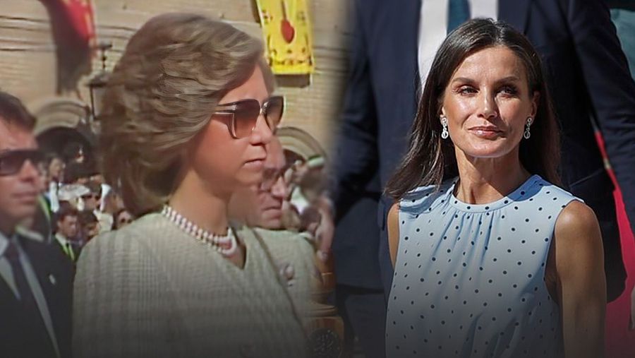 La reina doña Sofía en 1985 y la reina Letizia en 2023