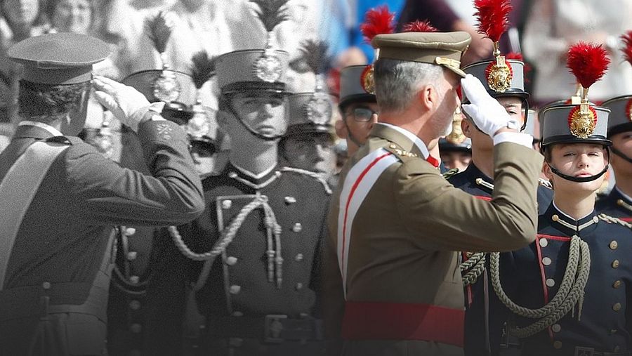 Don Juan Carlos de Borbón pasó revista a los cadetes hace 39 años; en 2023 lo hizo el rey Felipe.