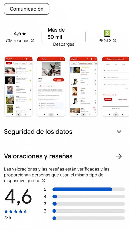 Datos de 'AdoptaMe' en la tienda de Google, Play Store.