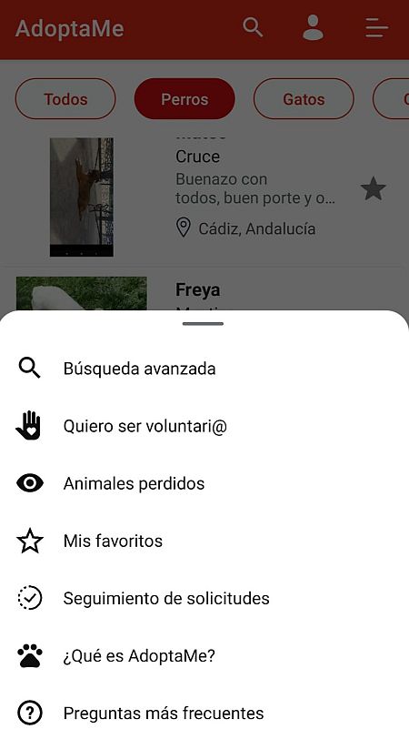 Menú desplegado de la aplicación AdoptaMe