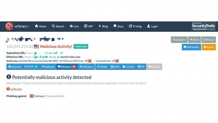 Análisis del enlace fraudulento en la herramienta urlscan.io