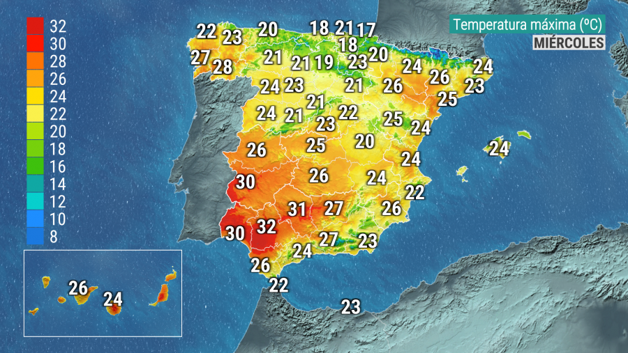 Las temperaturas máximas para este miércoles en España