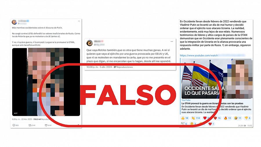 Mensajes de redes sociales que difunden la falsa narrativa de que la guerra en Ucrania la han provocado la OTAN o la UE y EEUU