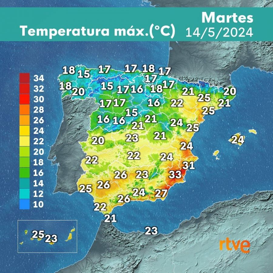 Martes 14 de mayo: temperaturas máximas en España