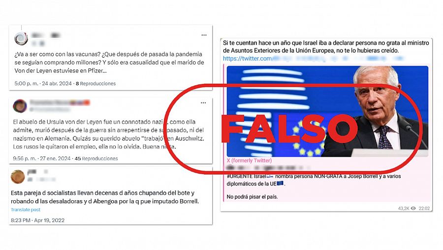 Mensajes de redes sociales que difunden falsedades sobre los líderes europeos Ursula von der Leyen y Josep Borrell