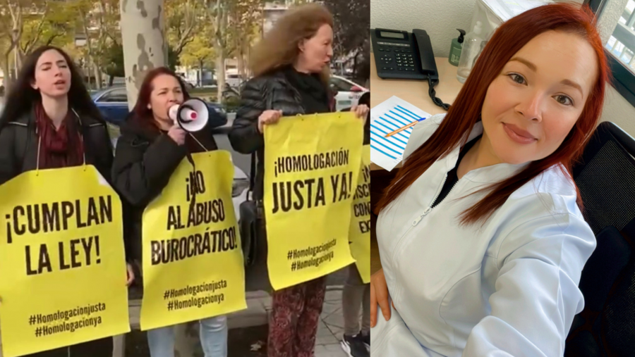 A la izquierda, tres mujeres participan en una manifestación con carteles; a la derecha, una de esas mujeres está sentada en una oficina vistiendo una bata de médico