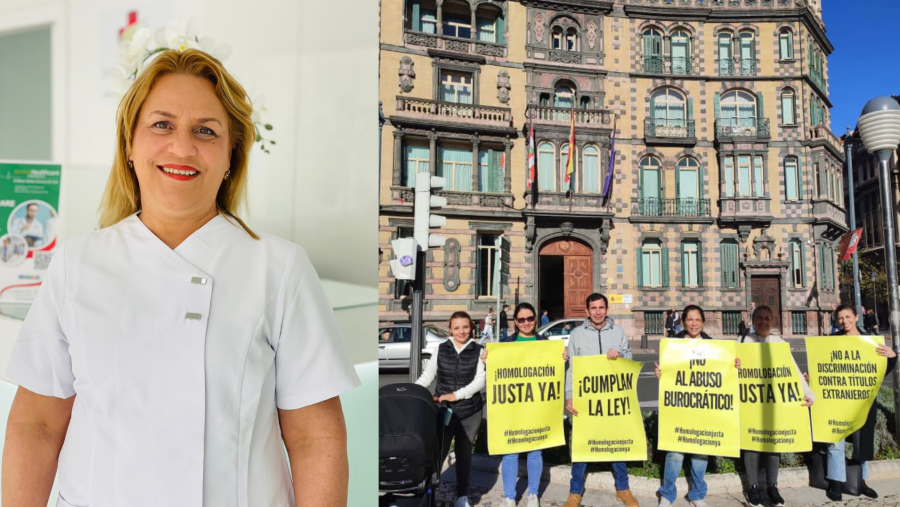 A la izquierda una chica vestida con una bata de médico mira fijamente a la cámara, a la derecha, la misma chica sostiene una pancarta en una manifestación