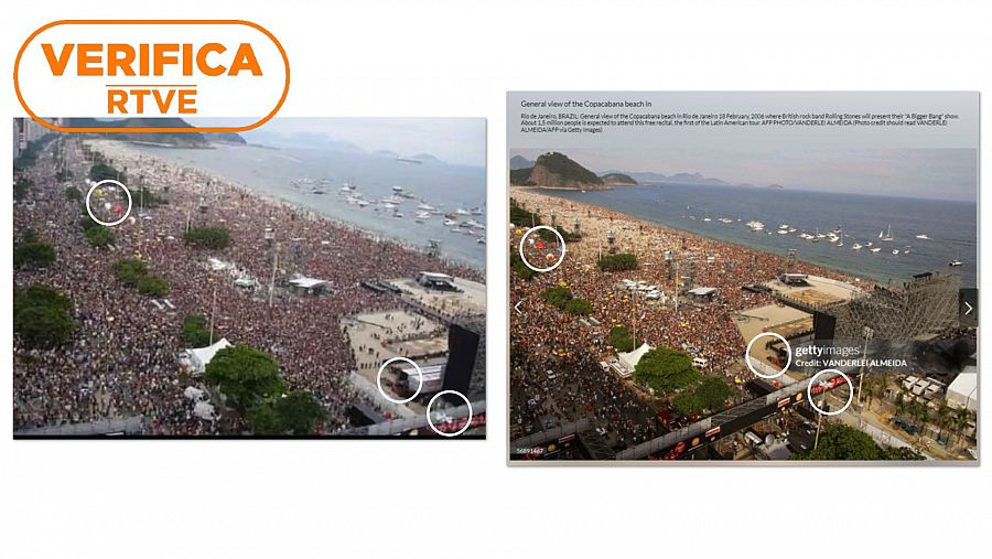 Elementos coincidentes entre la fotografía difundida como si fuera un mitin de Trump (a la izquierda) y la imagen del fotógrafo Vanderlei Almeida para AFP durante el concierto de los Rolling Stones en Copacabana el 18 de febrero de 2006