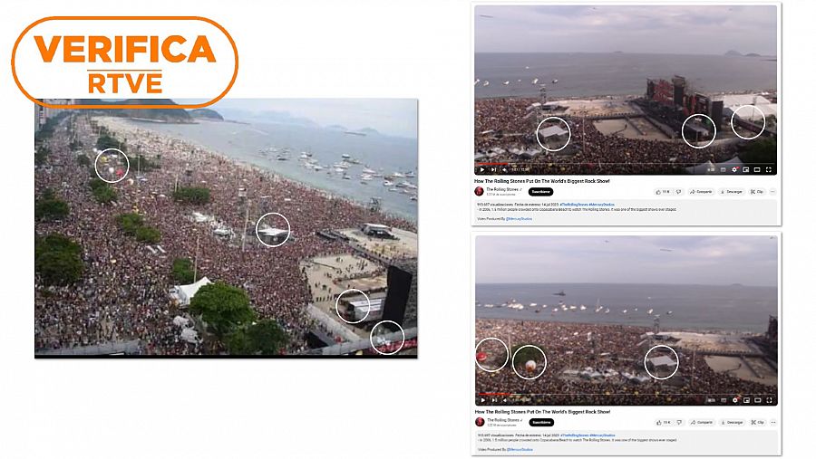 Elementos coincidentes entre la fotografía difundida como si fuera un mitin de Trump (a la izquierda) y el vídeo publicado en el canal oficial de los Rolling Stones en YouTube sobre el concierto del 18 de febrero de 2006 en Copacabana (a la derecha)