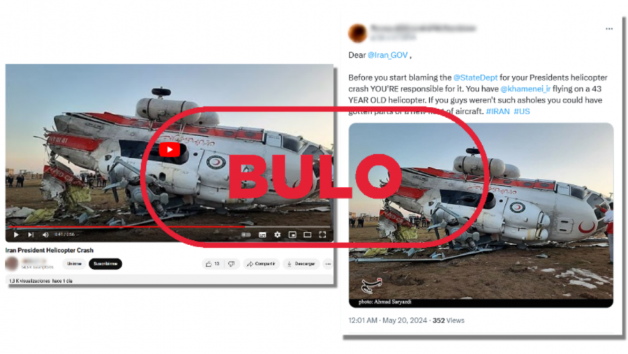 Publicaciones de redes que difunden el bulo de que esta foto muestra el helicóptero estrellado en el que viajaba Ebrahim Raisí