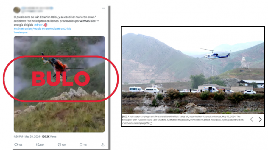 Publicación de X que comparte una foto editada y la presenta como si fuera el helicóptero en el que viajaba Ebrahim Raisí