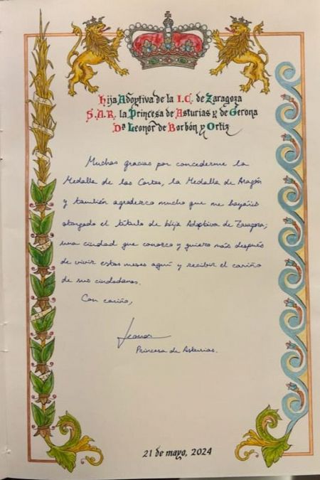 Agradecimiento de Leonor de Borbón al ser nombrada hija adoptiva de Zaragoza