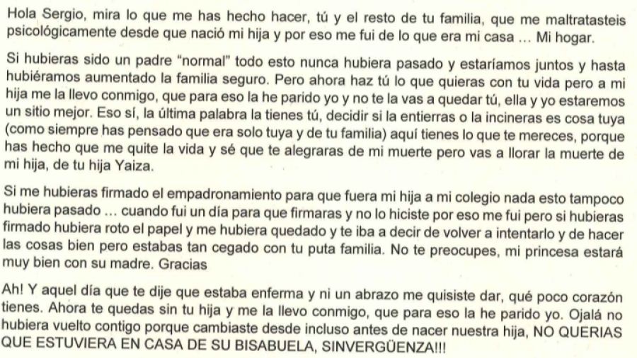 Transcripción de la carta que dejó la acusada para el padre de su hija