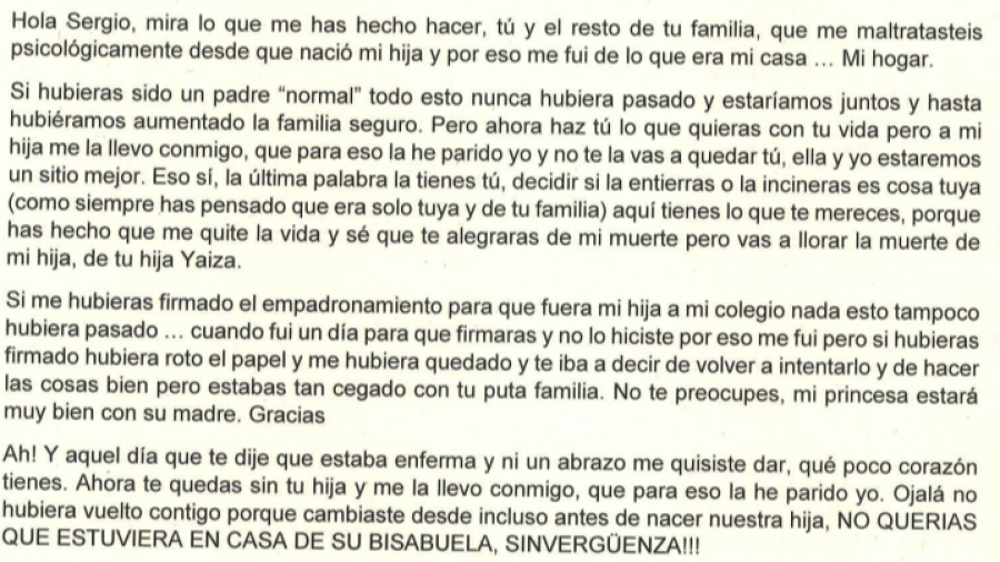 Transcripción de la carta que dejó la acusada para el padre de su hija
