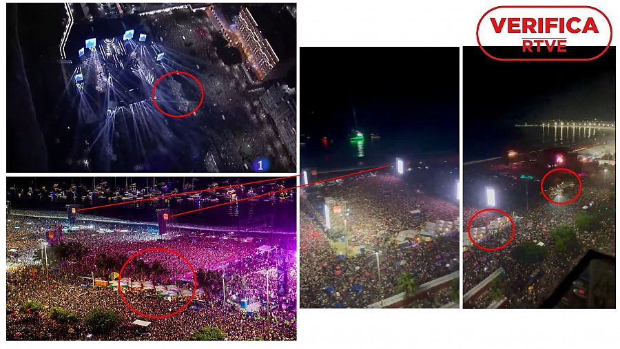 Imágenes comparativas de la playa de Copacaba durante el concierto de Madonna y las imágenes falsas difundidas en redes sociales como si fuera un acto de Javier Milei