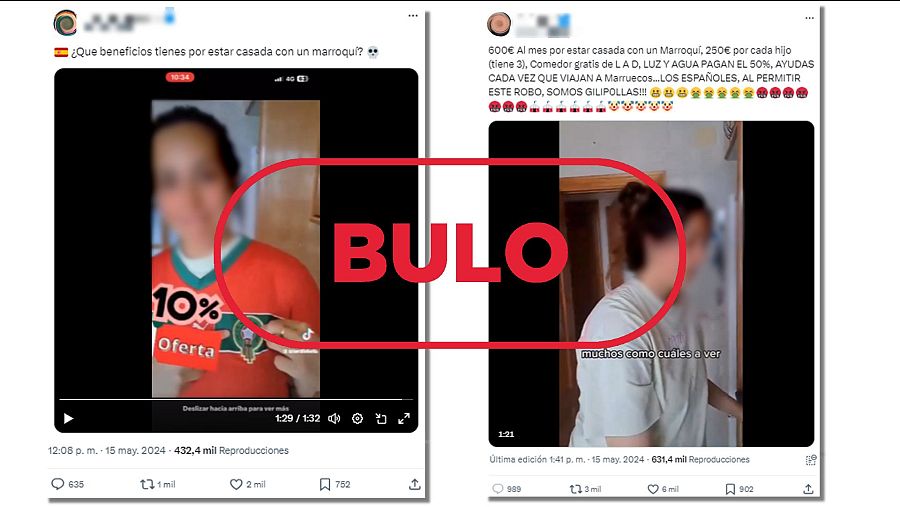 Mensajes de X que difunden la falsa idea de que una mujer casada con una persona marroquí recibe más ayudas económicas