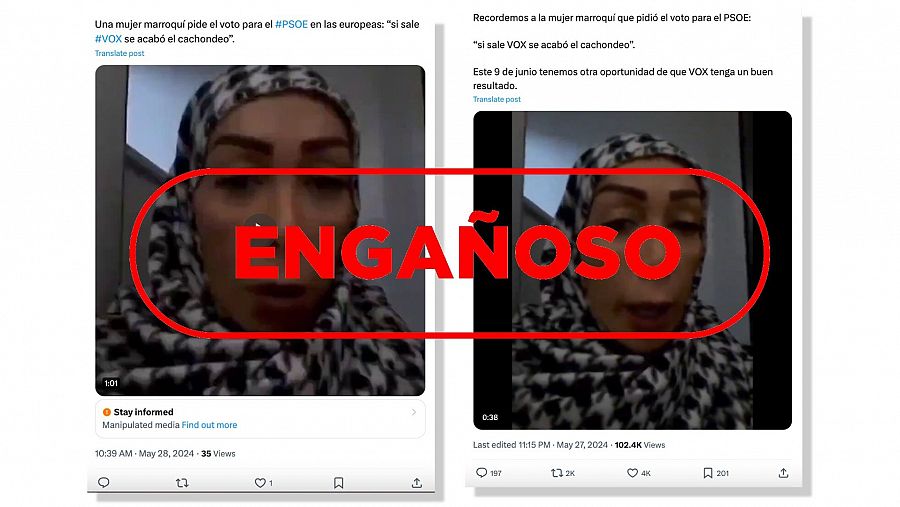 Mensajes de redes que comparten un vídeo antiguo de una “mujer marroquí” que pide el voto al PSOE y lo presentan como si fuera en el contexto de las elecciones europeas del 9J