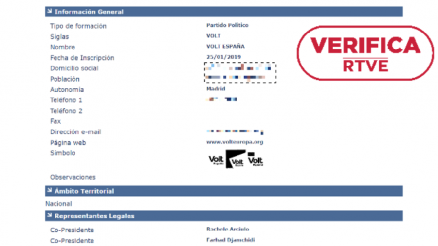 Captura del registro de Volt como partido político en España