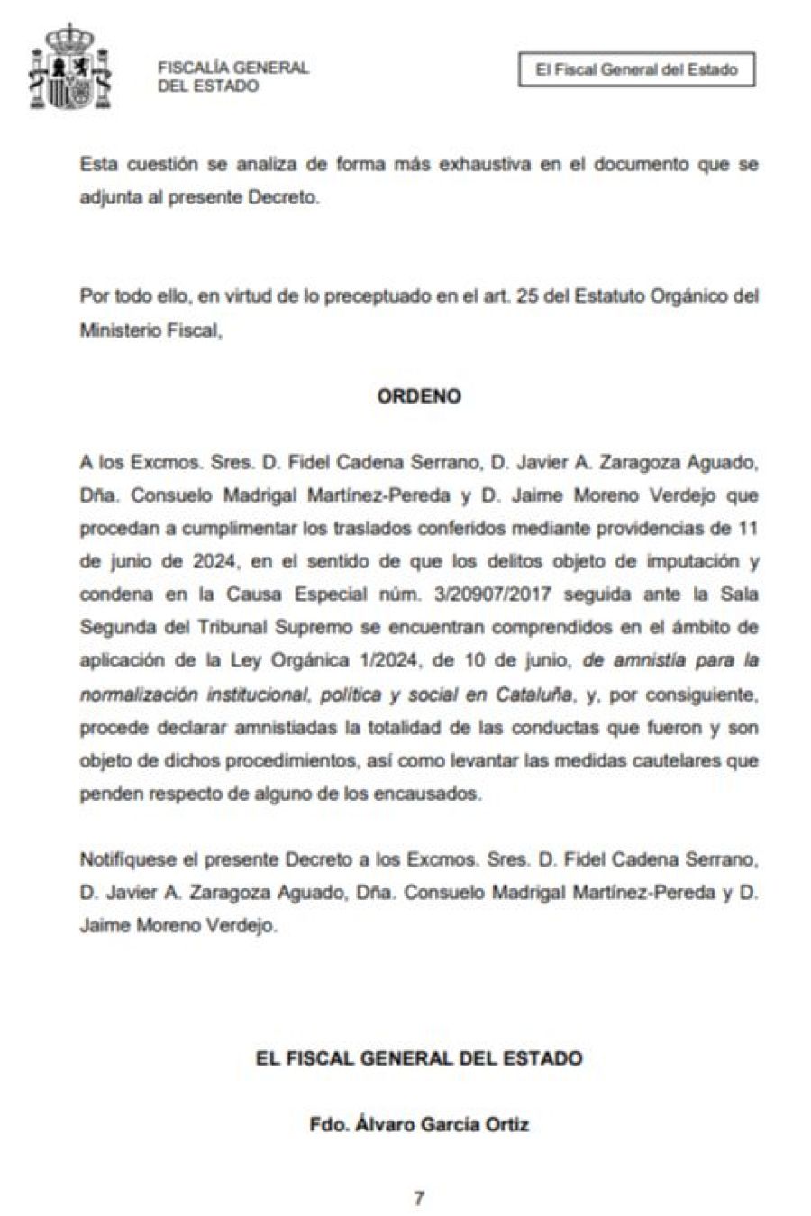 L'escrit mitjançant el qual el fiscal general de l'Estat ordena als fiscals del 'procés' que amnistiin tots els delictes