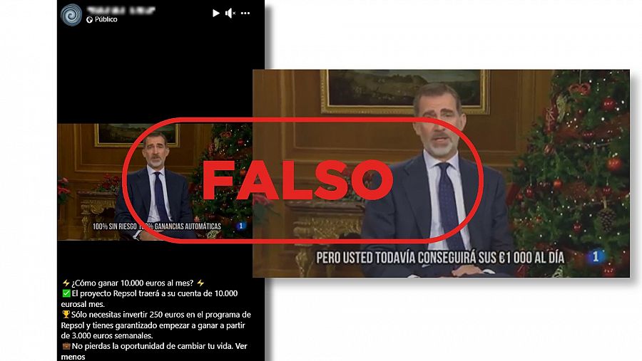 Mensaje de Facebook que difunde un vídeo manipulado del rey Felipe VI para promocionar de forma fraudulenta una plataforma de inversión
