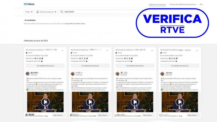 Anuncios de páginas web que difunden el vídeo falso que suplanta al rey Felipe VI