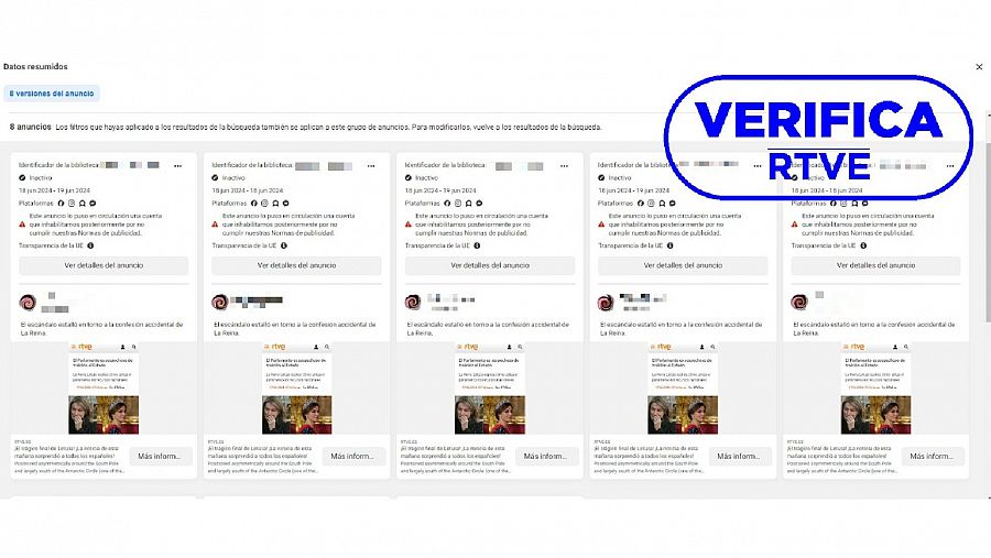 Anuncios de la web que suplanta a RTVE en las plataformas de Meta