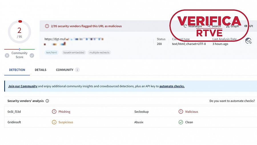 El enlace analizado en la herramienta VirusTotal que alerta de contenido malicioso