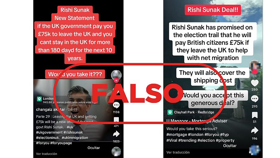 Mensajes de redes sociales que difunden la falsa idea de que Rishi Sunak ha prometido entregar 75.000 libras a ciudadanos que abandonen Reino Unido