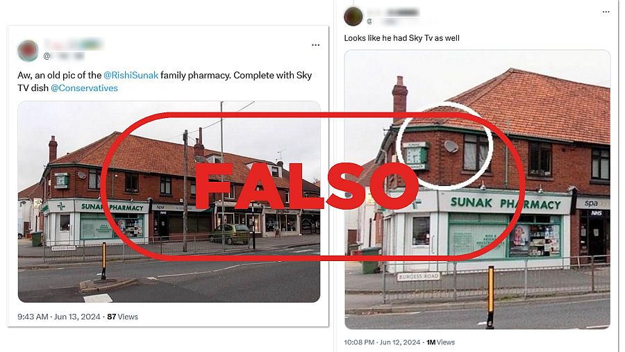 Mensajes de redes sociales que difunden una imagen de la farmacia Sunak para afirmar que el primer ministro no pasó su infancia sin televisión satélite