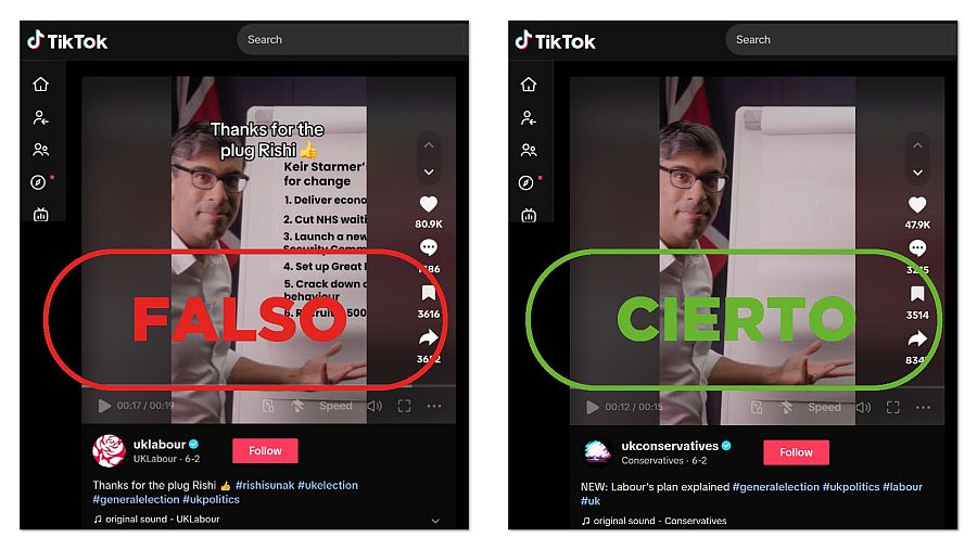 A la izquierda, el vídeo manipulado de Sunak anunciando medidas laboristas, a la derecha, la grabación original