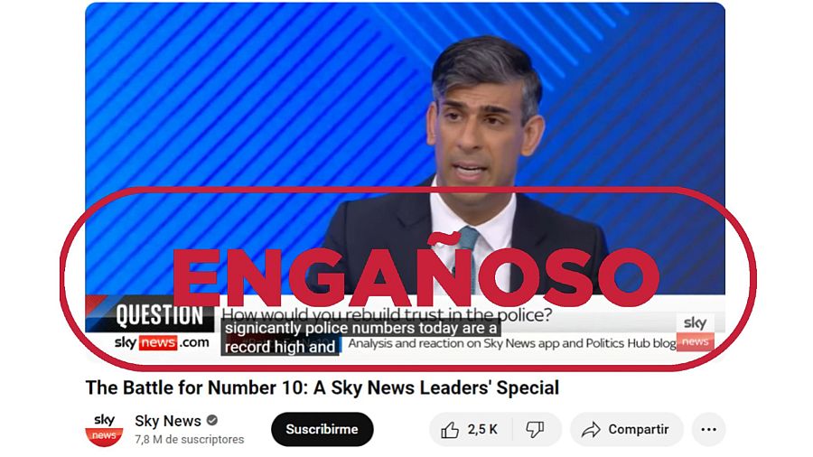 Sunak asegura en un programa de televisión que la plantilla de la Policía está hoy en nivel récord