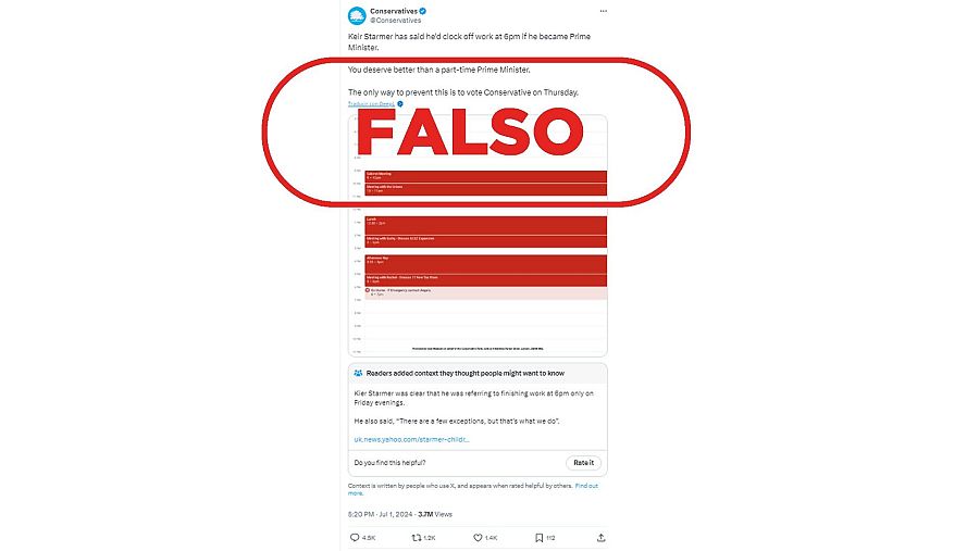 Mensaje del Partido Conservador en X que atribuye a Starmer una declaración que no ha hecho
